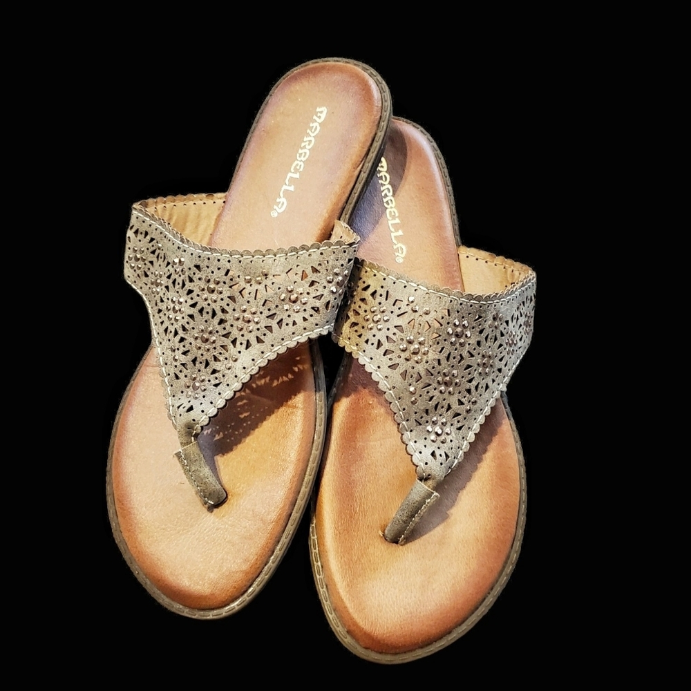 Marbella Slip on Sandals in Tan with Copper metal adds. Size 8M.